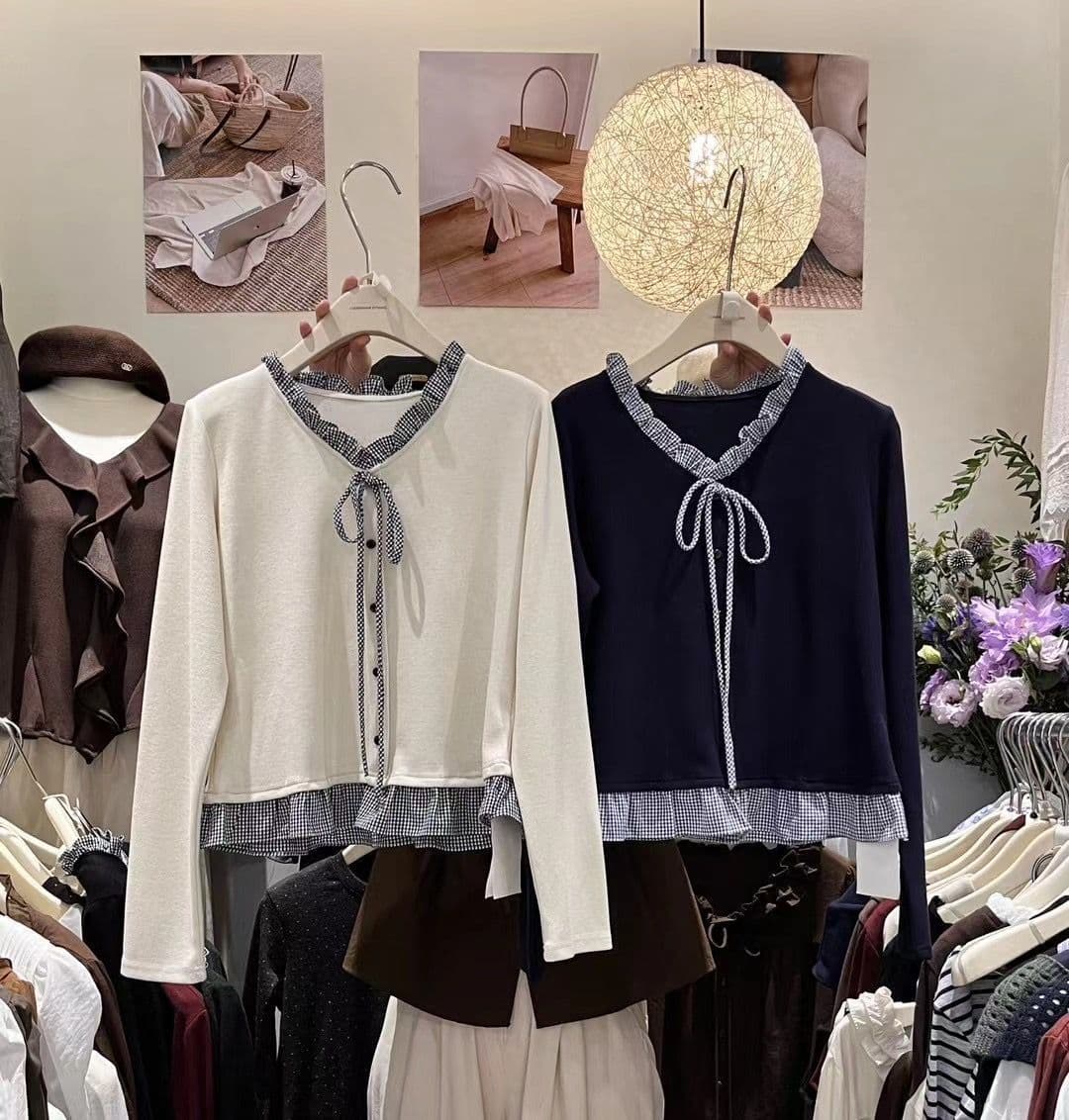 가을 겨울 새로운 레이스업 V넥 한 부서 체크무늬 프릴 페이크 레이어드 패치워크 긴팔 티셔츠 맨위 상세 이미지 2