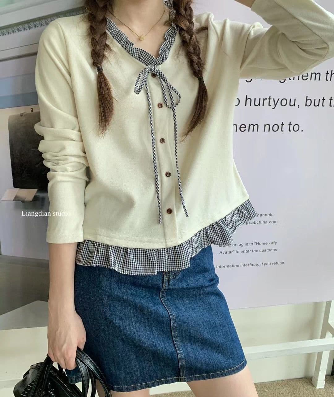 가을 겨울 새로운 레이스업 V넥 한 부서 체크무늬 프릴 페이크 레이어드 패치워크 긴팔 티셔츠 맨위 상세 이미지 6