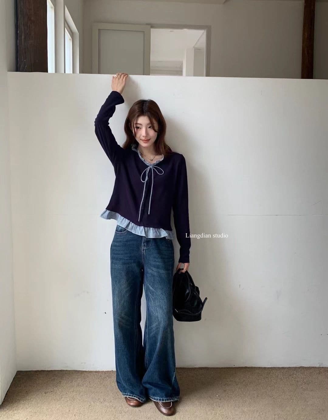 가을 겨울 새로운 레이스업 V넥 한 부서 체크무늬 프릴 페이크 레이어드 패치워크 긴팔 티셔츠 맨위 상세 이미지 7