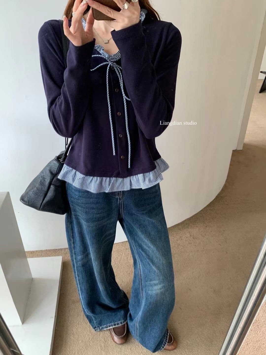 가을 겨울 새로운 레이스업 V넥 한 부서 체크무늬 프릴 페이크 레이어드 패치워크 긴팔 티셔츠 맨위 상세 이미지 8