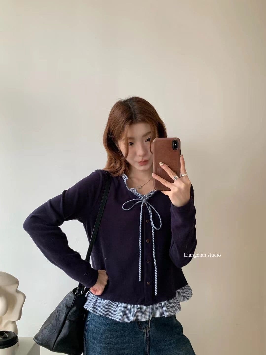 가을 겨울 새로운 레이스업 V넥 한 부서 체크무늬 프릴 페이크 레이어드 패치워크 긴팔 티셔츠 맨위 상세 이미지 10