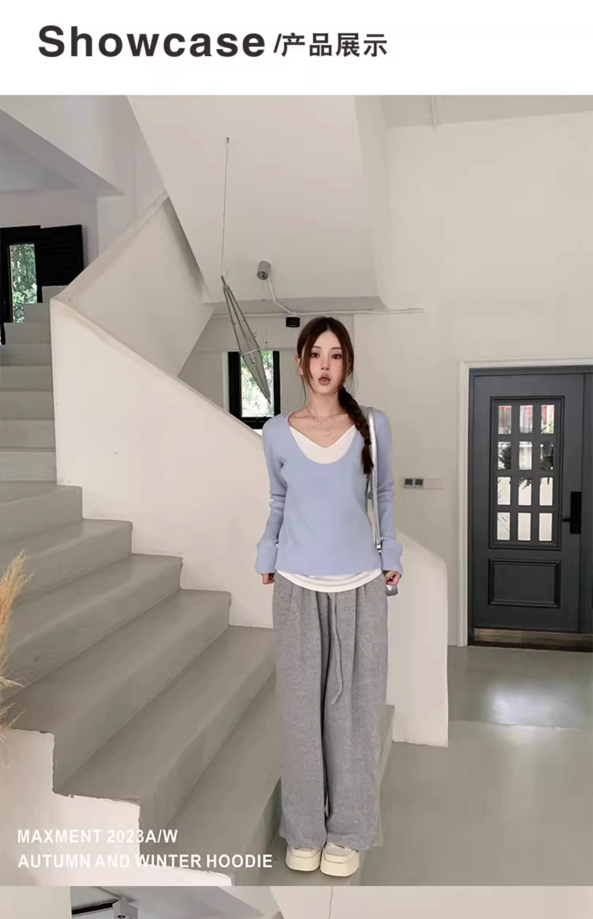 배색 느긋한 프랑스식 페이크 레이어드 파란색 V넥 긴팔 여성 봄 가을 인사이드 가져 가라. 기본 셔츠 맨위 상세 이미지 2