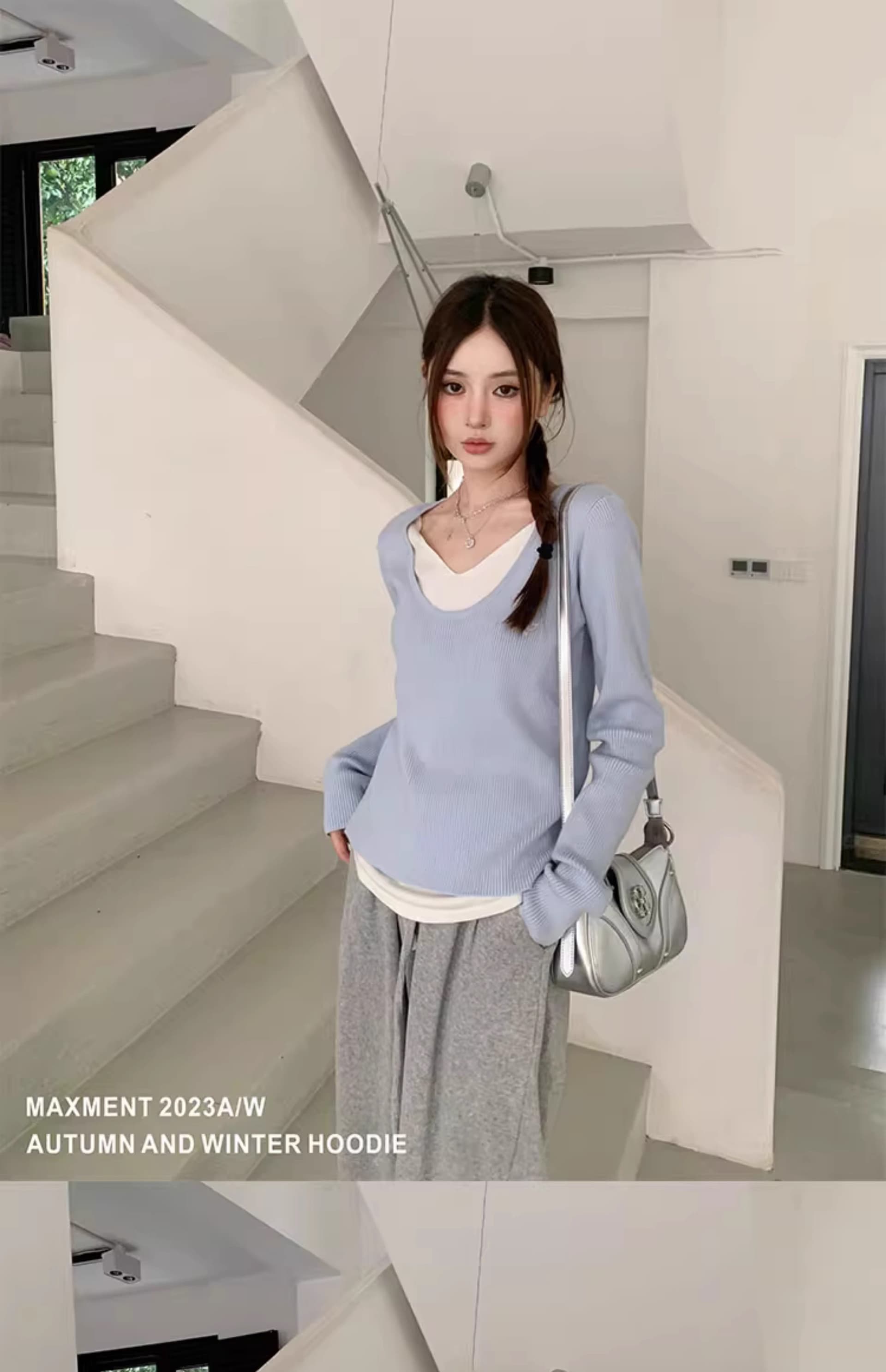 배색 느긋한 프랑스식 페이크 레이어드 파란색 V넥 긴팔 여성 봄 가을 인사이드 가져 가라. 기본 셔츠 맨위 상세 이미지 4