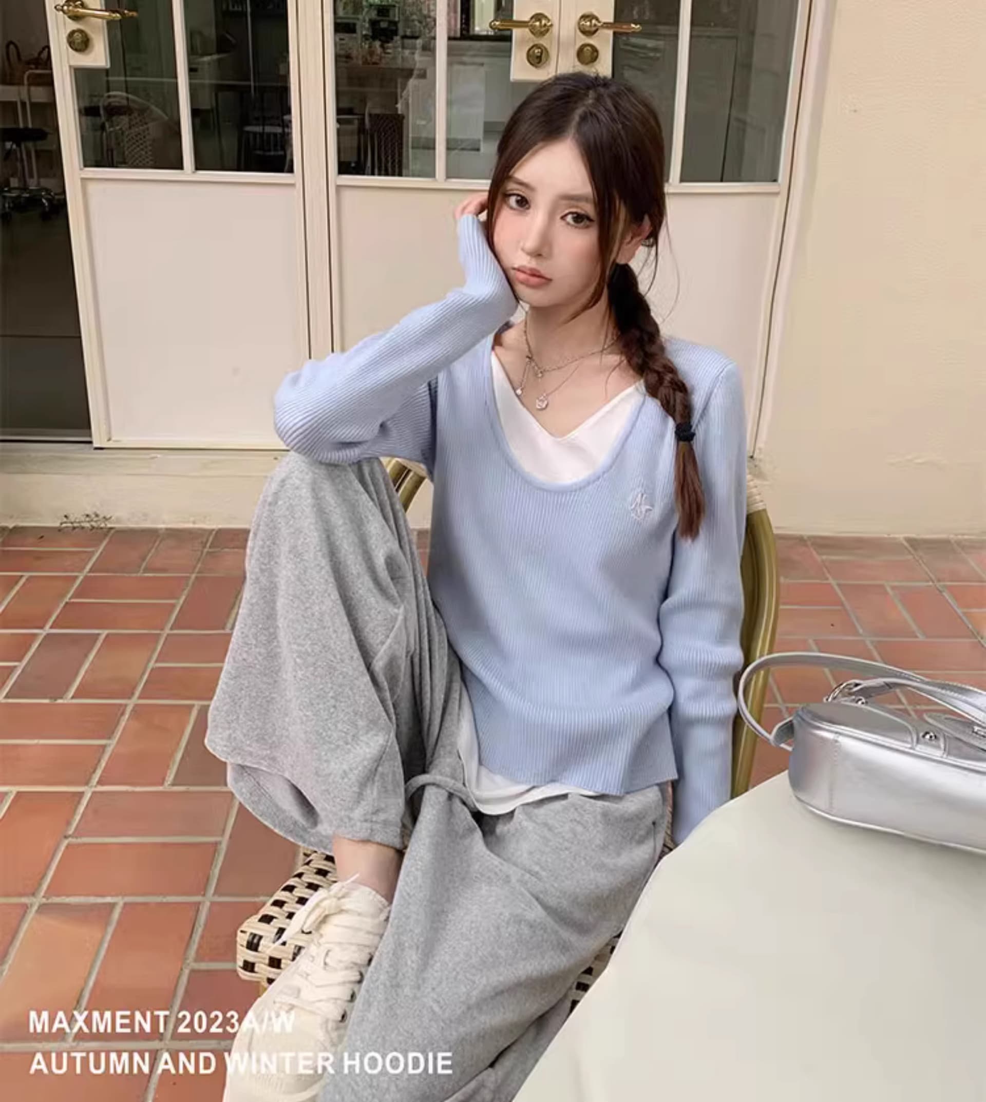 배색 느긋한 프랑스식 페이크 레이어드 파란색 V넥 긴팔 여성 봄 가을 인사이드 가져 가라. 기본 셔츠 맨위 상세 이미지 7