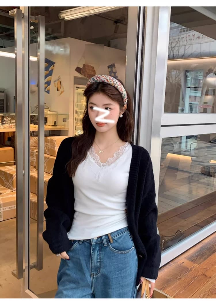 슈 슈 피부 플러시 V넥 레이스 기본 셔츠 여성 봄 가을 겨울 털이 있는 긴팔 티셔츠 De 플러시 상세 이미지 10