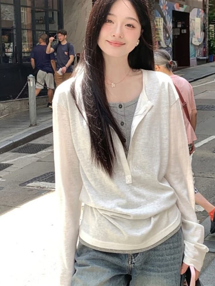 눈꽃 면 컬러 짜임 스트라이프 페이크 레이어드 패치워크 긴팔 티셔츠 2026 이른 가을 반 개방 칼라 작은 샤넬 스타일 맨위 상세 이미지 11