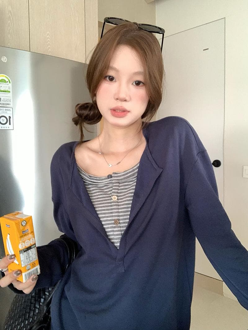 눈꽃 면 컬러 짜임 스트라이프 페이크 레이어드 패치워크 긴팔 티셔츠 2026 이른 가을 반 개방 칼라 작은 샤넬 스타일 맨위 상세 이미지 26