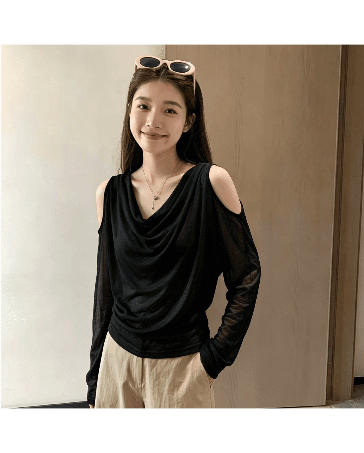 한 부서 디자인 센스 흔들다 칼라 오프숄더 긴팔 티셔츠 가을 여성 2026 새로운 다용도 슬림해 보이는 루즈핏 느긋한 맨위 상세 이미지 5