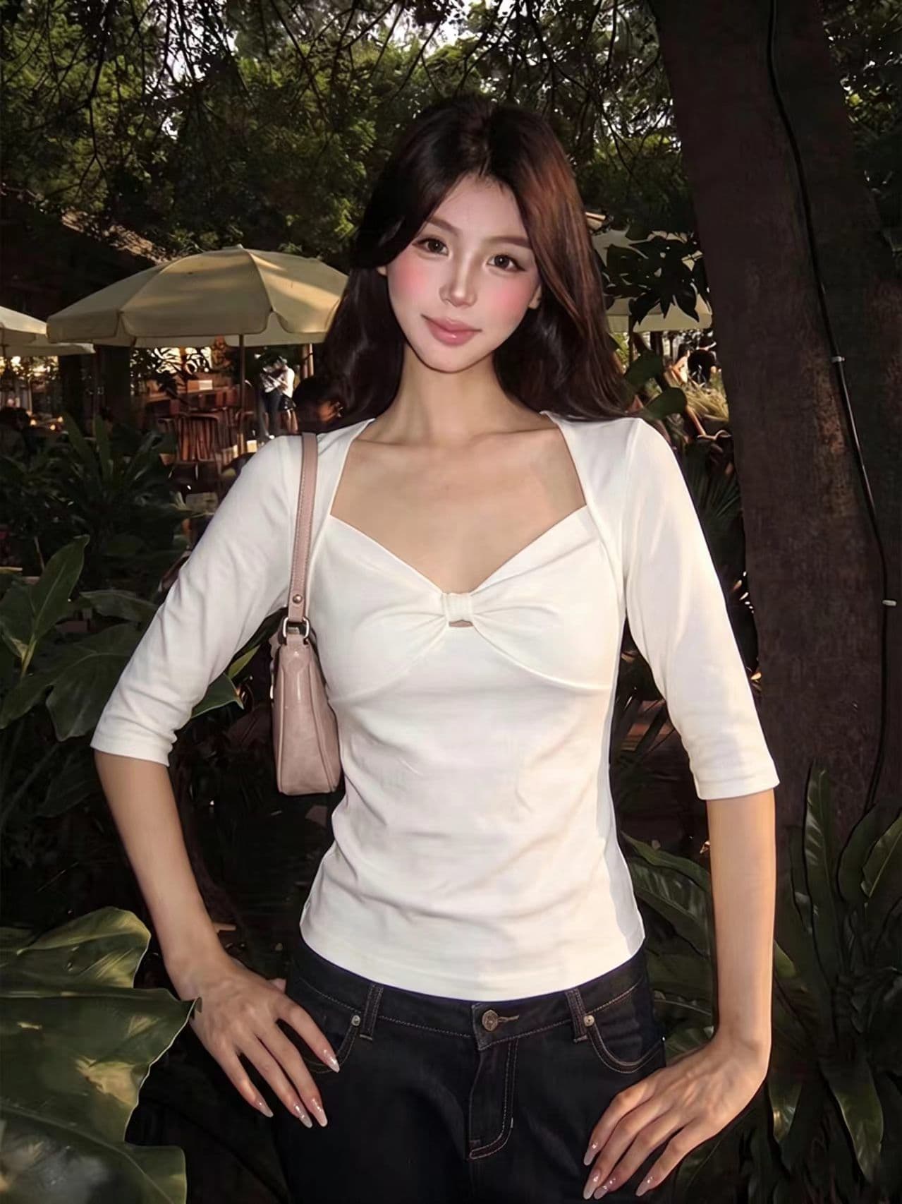 순수한 욕망 바람 페이크 레이어드 광장 칼라 나비 매듭 중간 소매 맨위