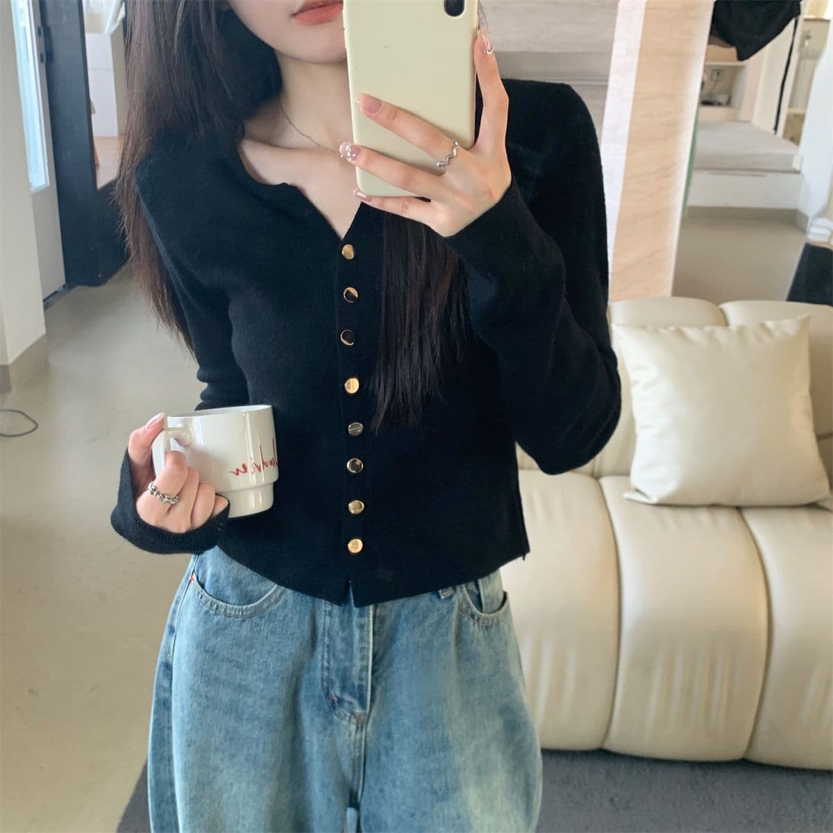 부드러운 바람 단색 긴팔 스웨터 가을 루즈핏 캐주얼 니트 오픈 가디건 쇼트 스타일 맨위 상세 이미지 6