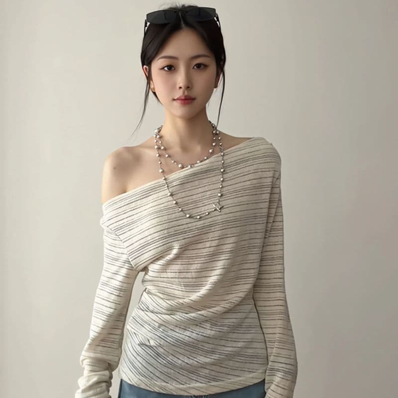 불규칙 스트라이프 비스듬한 어깨 긴팔 티셔츠 여성 여름 순수한 욕망 핫걸 오프숄더 맨위 얇은 스타일 태양 보호 셔츠 블라우스 이미지 4