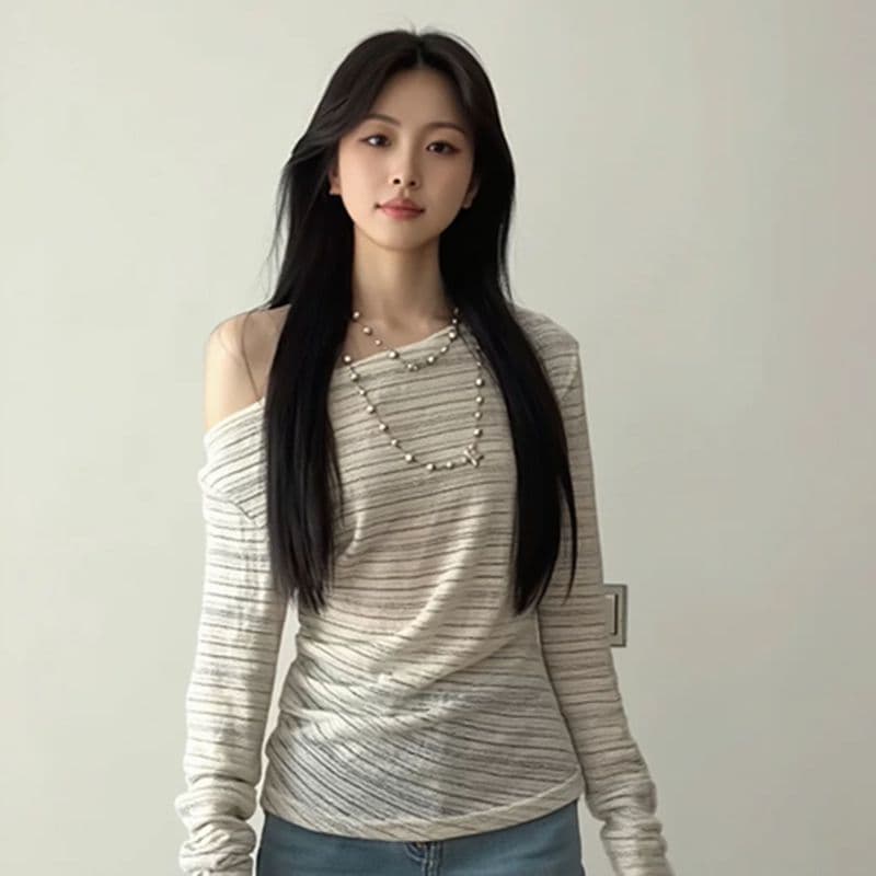 불규칙 스트라이프 비스듬한 어깨 긴팔 티셔츠 여성 여름 순수한 욕망 핫걸 오프숄더 맨위 얇은 스타일 태양 보호 셔츠 블라우스 이미지 2