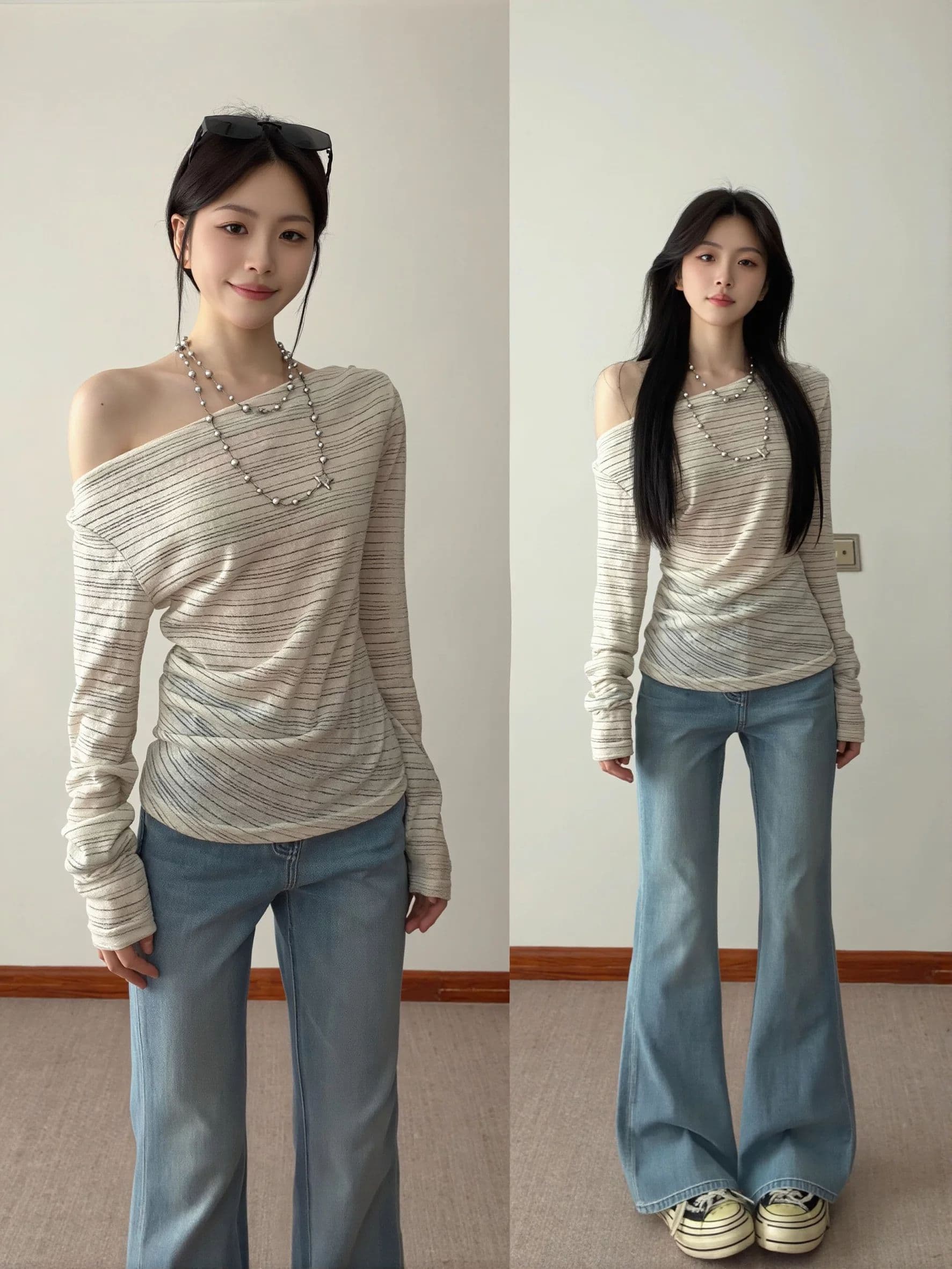 불규칙 스트라이프 비스듬한 어깨 긴팔 티셔츠 여성 여름 순수한 욕망 핫걸 오프숄더 맨위 얇은 스타일 태양 보호 셔츠 블라우스 상세 이미지 1
