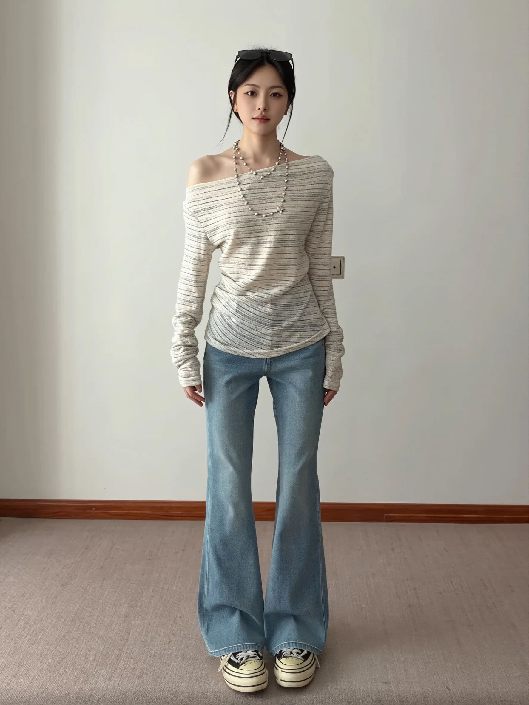 불규칙 스트라이프 비스듬한 어깨 긴팔 티셔츠 여성 여름 순수한 욕망 핫걸 오프숄더 맨위 얇은 스타일 태양 보호 셔츠 블라우스 상세 이미지 3