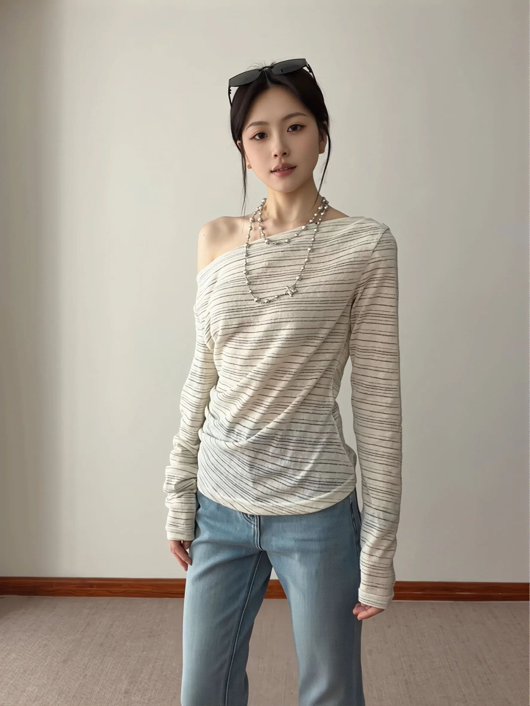 불규칙 스트라이프 비스듬한 어깨 긴팔 티셔츠 여성 여름 순수한 욕망 핫걸 오프숄더 맨위 얇은 스타일 태양 보호 셔츠 블라우스 상세 이미지 4