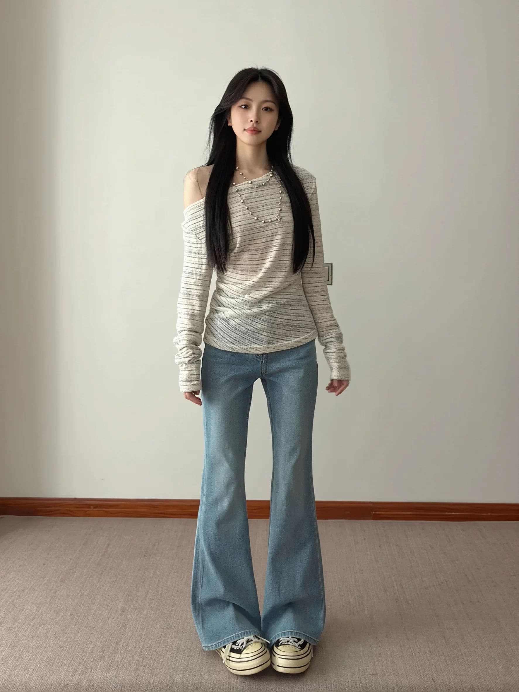 불규칙 스트라이프 비스듬한 어깨 긴팔 티셔츠 여성 여름 순수한 욕망 핫걸 오프숄더 맨위 얇은 스타일 태양 보호 셔츠 블라우스 상세 이미지 5