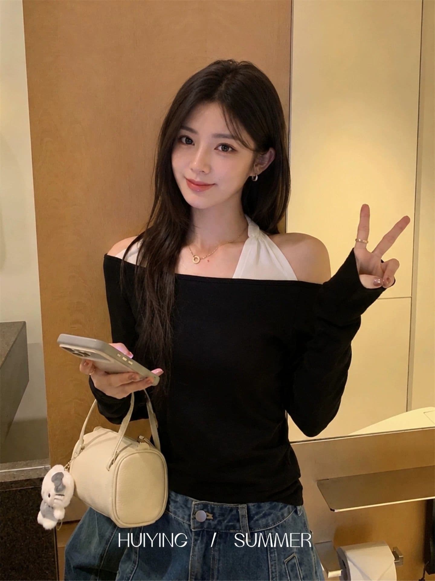 한 단어 오프숄더 행침 목 페이크 레이어드 긴팔 가을 새로운 몸매 가꾸기 핫걸 기본 셔츠 인사이드 잡아라. 의류 트렌디 이미지 2