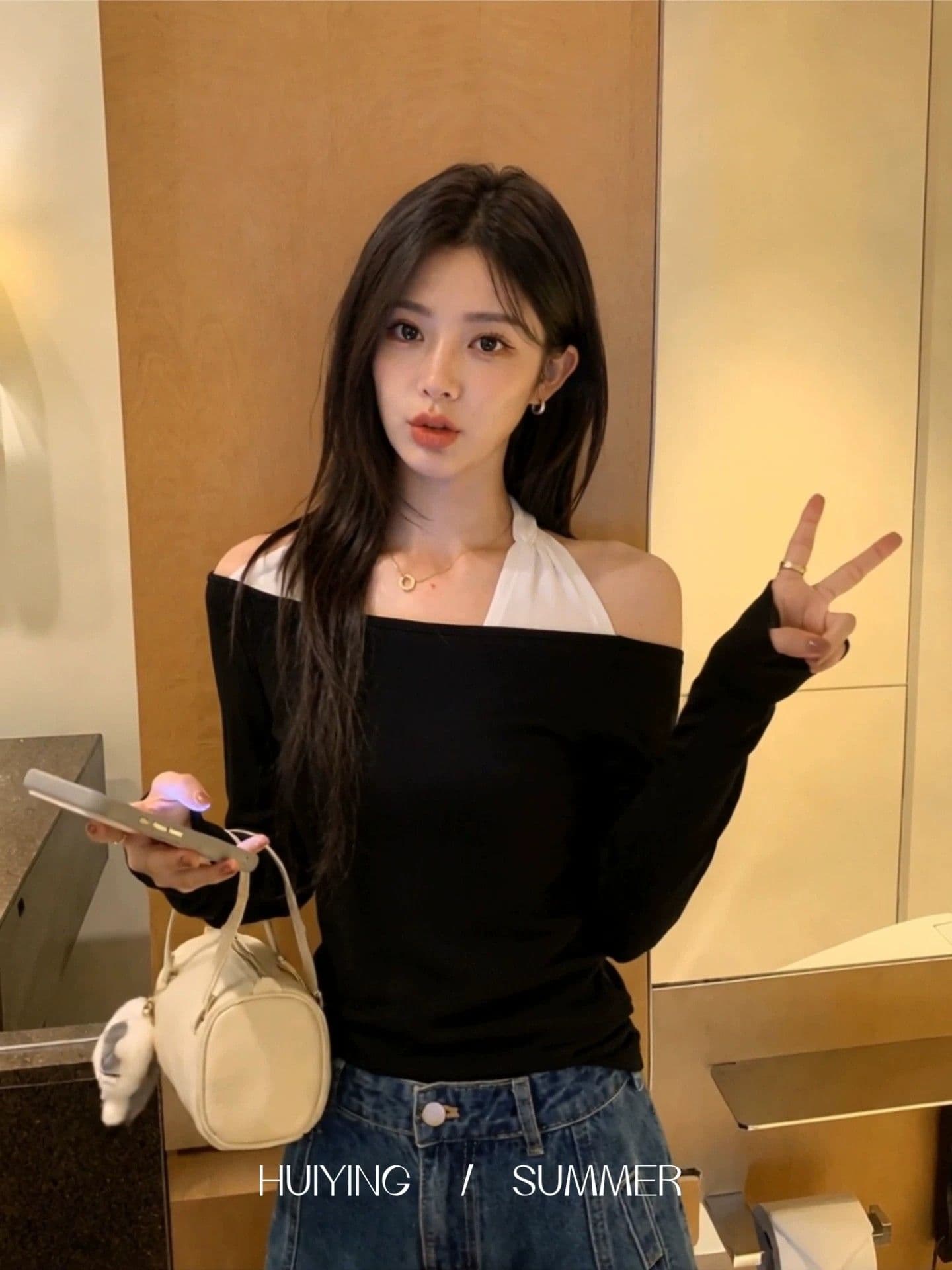 한 단어 오프숄더 행침 목 페이크 레이어드 긴팔 가을 새로운 몸매 가꾸기 핫걸 기본 셔츠 인사이드 잡아라. 의류 트렌디 이미지 3