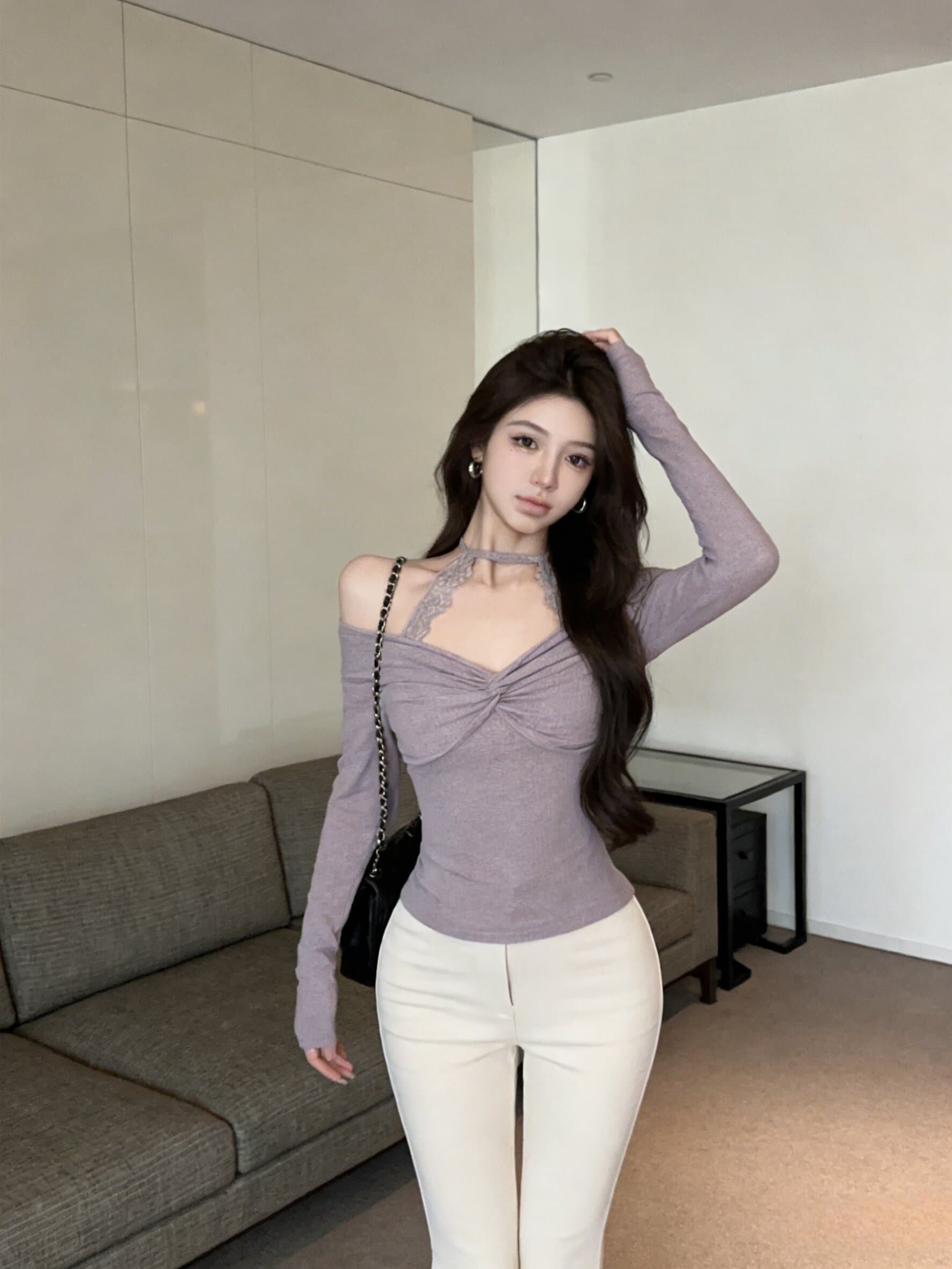 순수한 욕망 바람 비틀림 오프숄더 맨위 여성 이른 가을 2026 새로운 레이스 조각 행침 목 레이스업 디자인 센스 티셔츠 상세 이미지 5