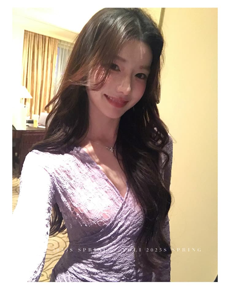 낮음 V넥 레이스 긴팔 티셔츠 여성 가을 2026 새로운 순수한 욕망 섹시함 보라색 몸매 가꾸기 마이크로 ~을 통해 고급 센스 맨위 상세 이미지 4