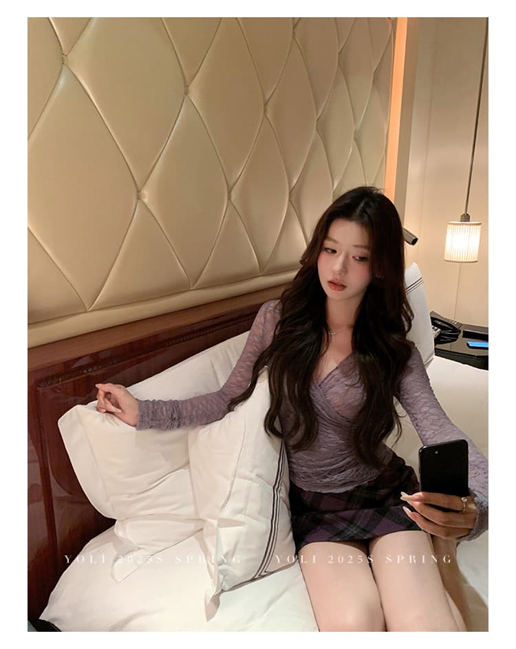 낮음 V넥 레이스 긴팔 티셔츠 여성 가을 2026 새로운 순수한 욕망 섹시함 보라색 몸매 가꾸기 마이크로 ~을 통해 고급 센스 맨위 상세 이미지 19