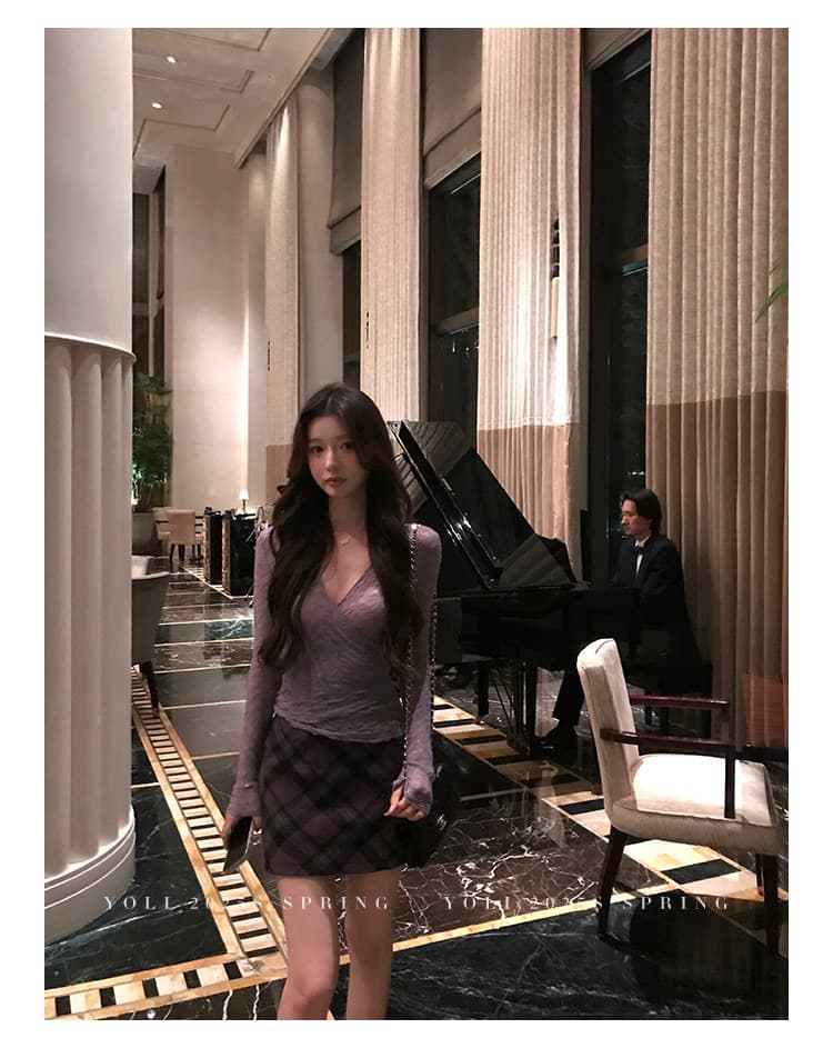 낮음 V넥 레이스 긴팔 티셔츠 여성 가을 2026 새로운 순수한 욕망 섹시함 보라색 몸매 가꾸기 마이크로 ~을 통해 고급 센스 맨위 상세 이미지 20