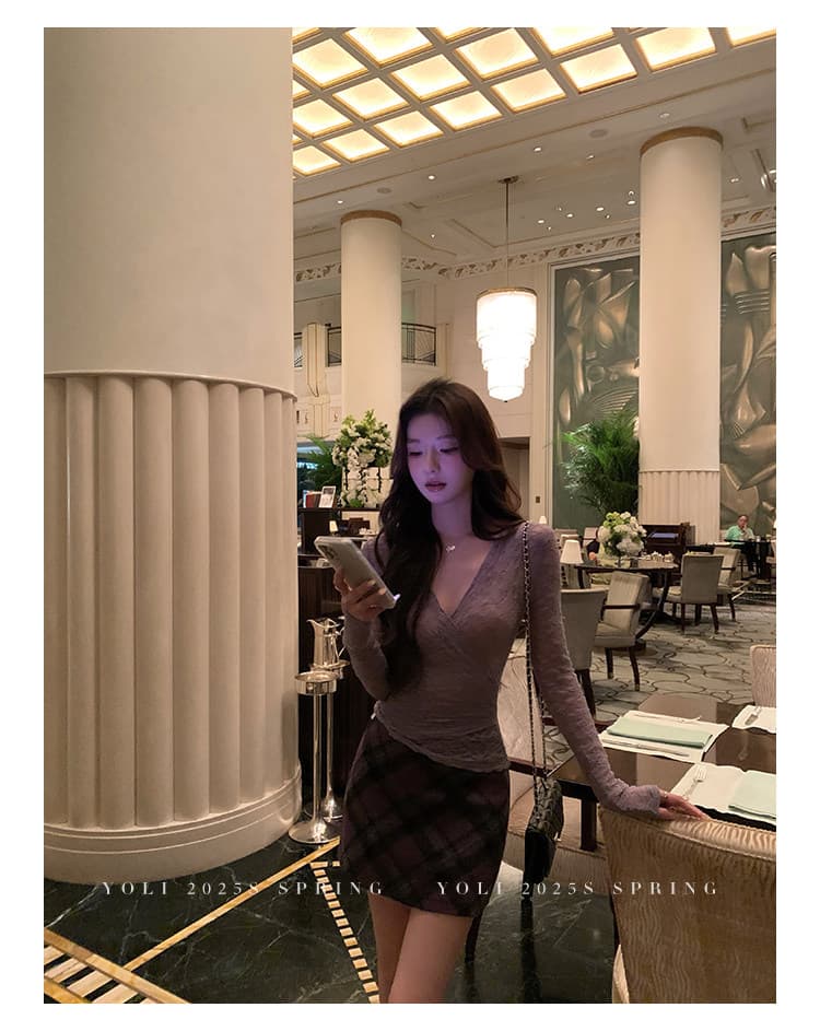 낮음 V넥 레이스 긴팔 티셔츠 여성 가을 2026 새로운 순수한 욕망 섹시함 보라색 몸매 가꾸기 마이크로 ~을 통해 고급 센스 맨위 상세 이미지 24