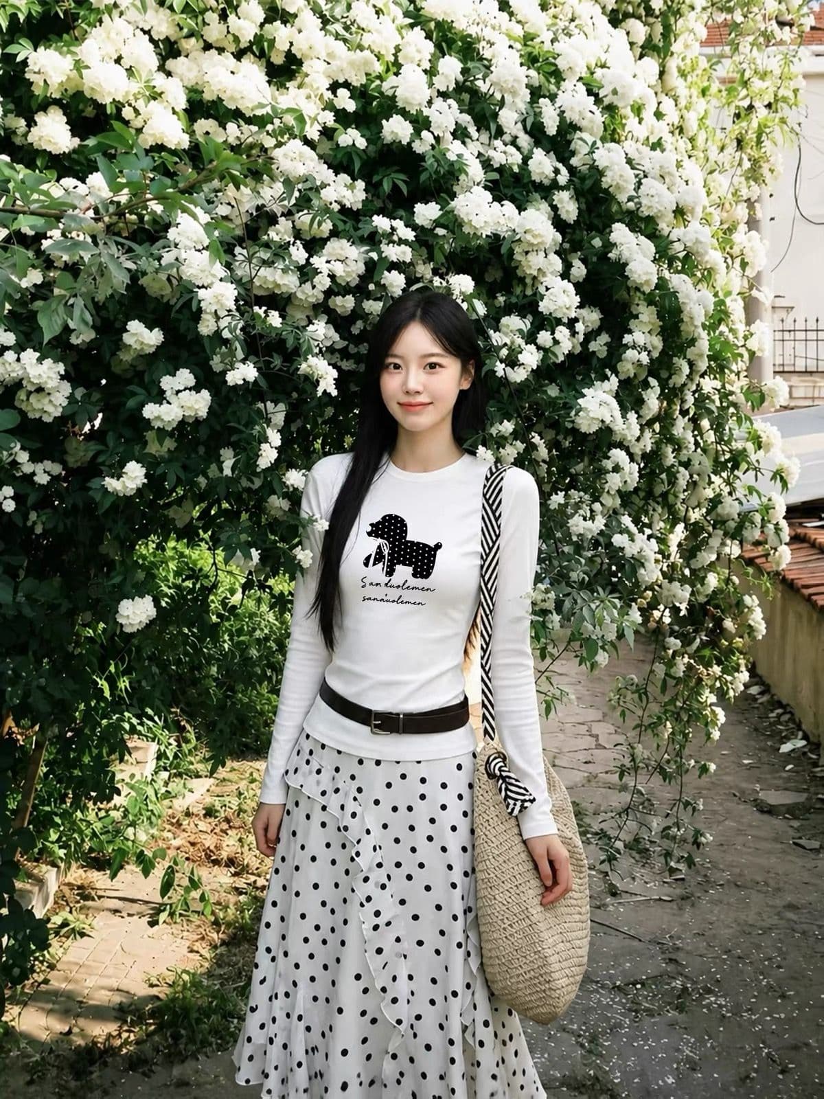 긴팔 슬림 피트 긍정적 인 어깨 허리 수축 프린트 라운드 넥 만나는 긴팔 티셔츠 상세 이미지 6