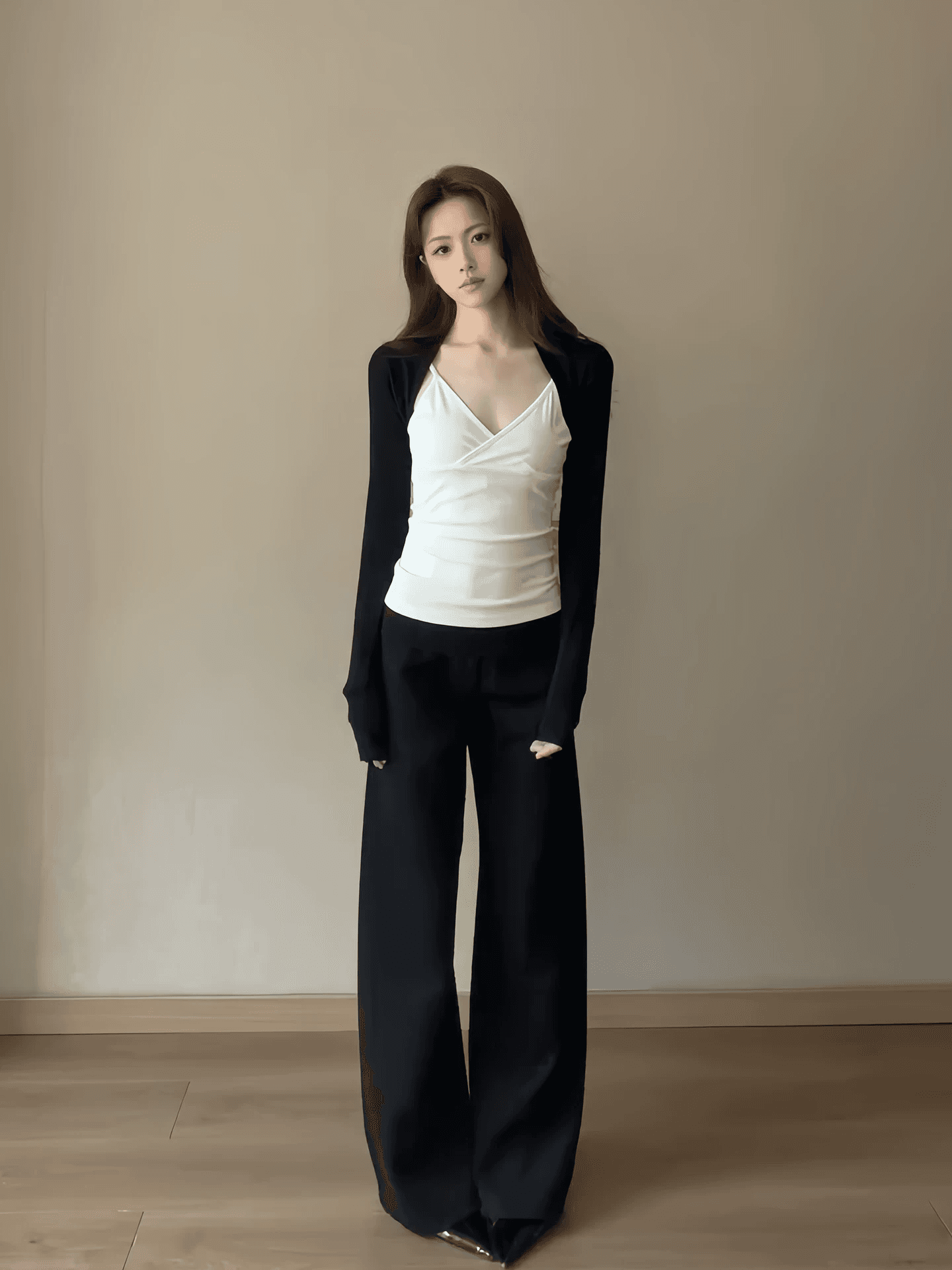 한 부서 순수한 욕망 바람 몸매 가꾸기 V넥 슬립 코디 어깨 오픈 가디건 이미지 4
