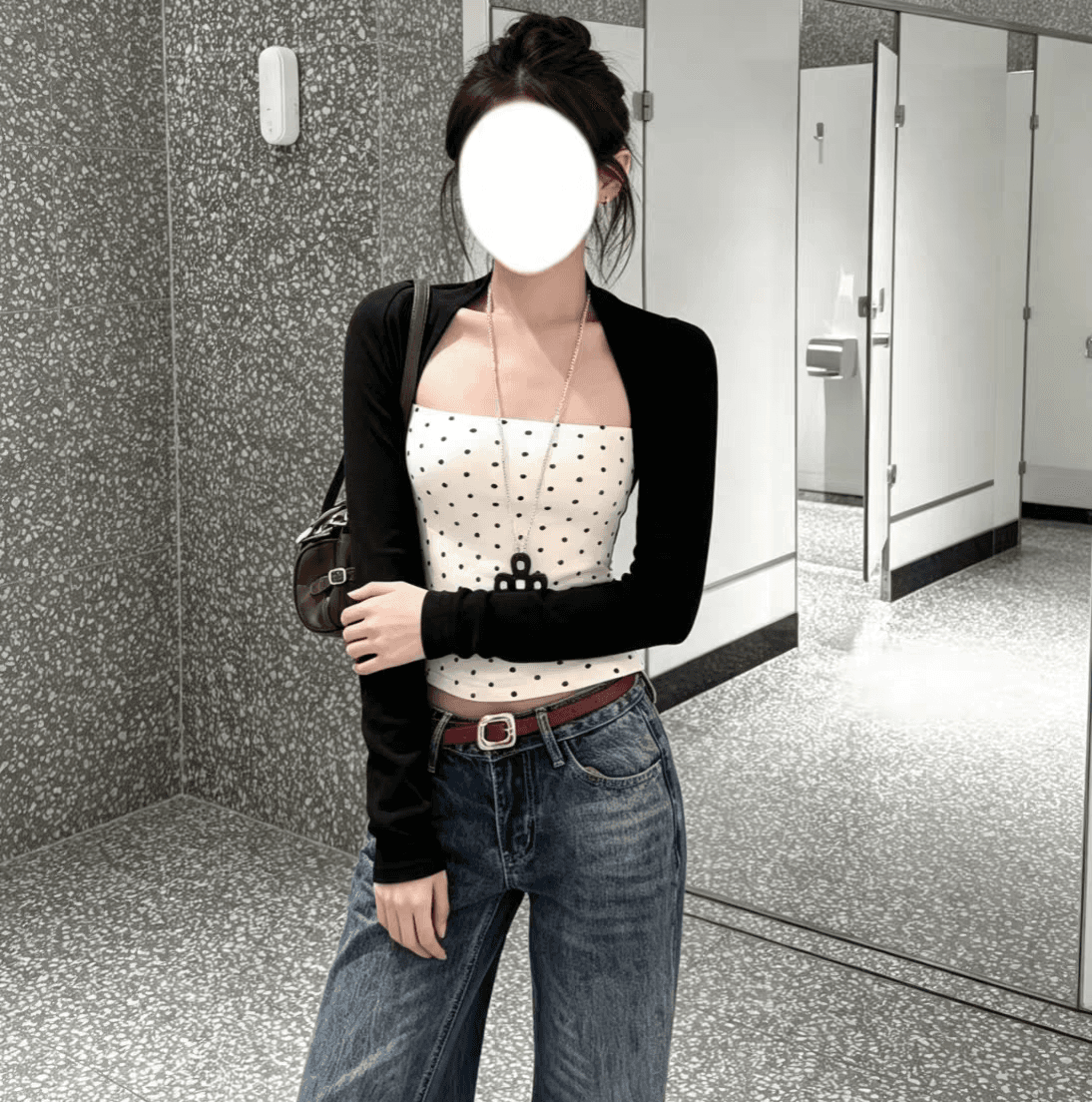 아메리칸 디자인 센스 작은 대중 도트 무늬 배색 페이크 레이어드 긴팔 여성 이미지 2