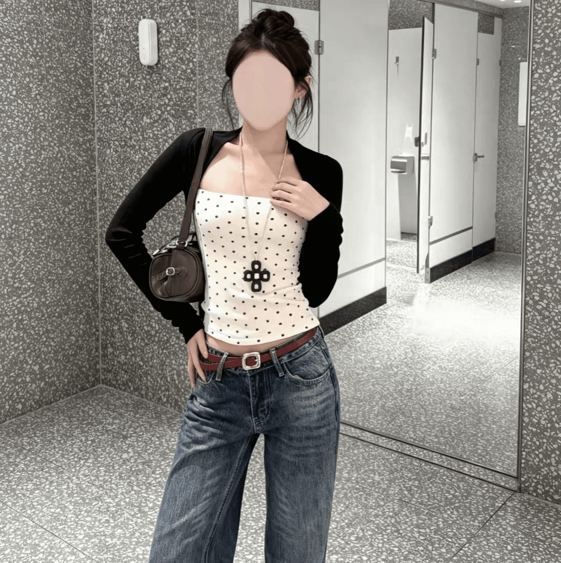 아메리칸 디자인 센스 작은 대중 도트 무늬 배색 페이크 레이어드 긴팔 여성 상세 이미지 2