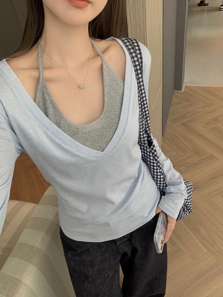 배색 페이크 레이어드 V넥 긴팔 맨위 몸매 가꾸기 슬림해 보이는 기본 셔츠 맨위