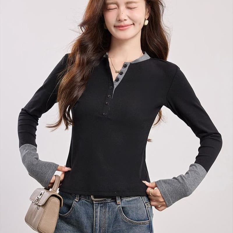 레트로 배색 긴팔 니트 스웨터 여성 봄 가을 반 개방 칼라 몸매 가꾸기 슬림해 보이는 인사이드 가져 가라. 기본 셔츠 고유 한 Chic 맨위 이미지 5