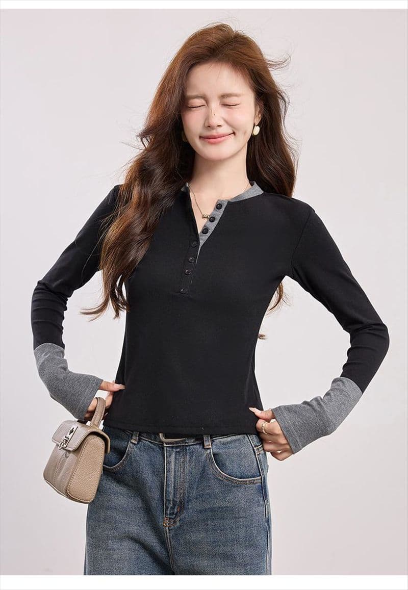 레트로 배색 긴팔 니트 스웨터 여성 봄 가을 반 개방 칼라 몸매 가꾸기 슬림해 보이는 인사이드 가져 가라. 기본 셔츠 고유 한 Chic 맨위 상세 이미지 3