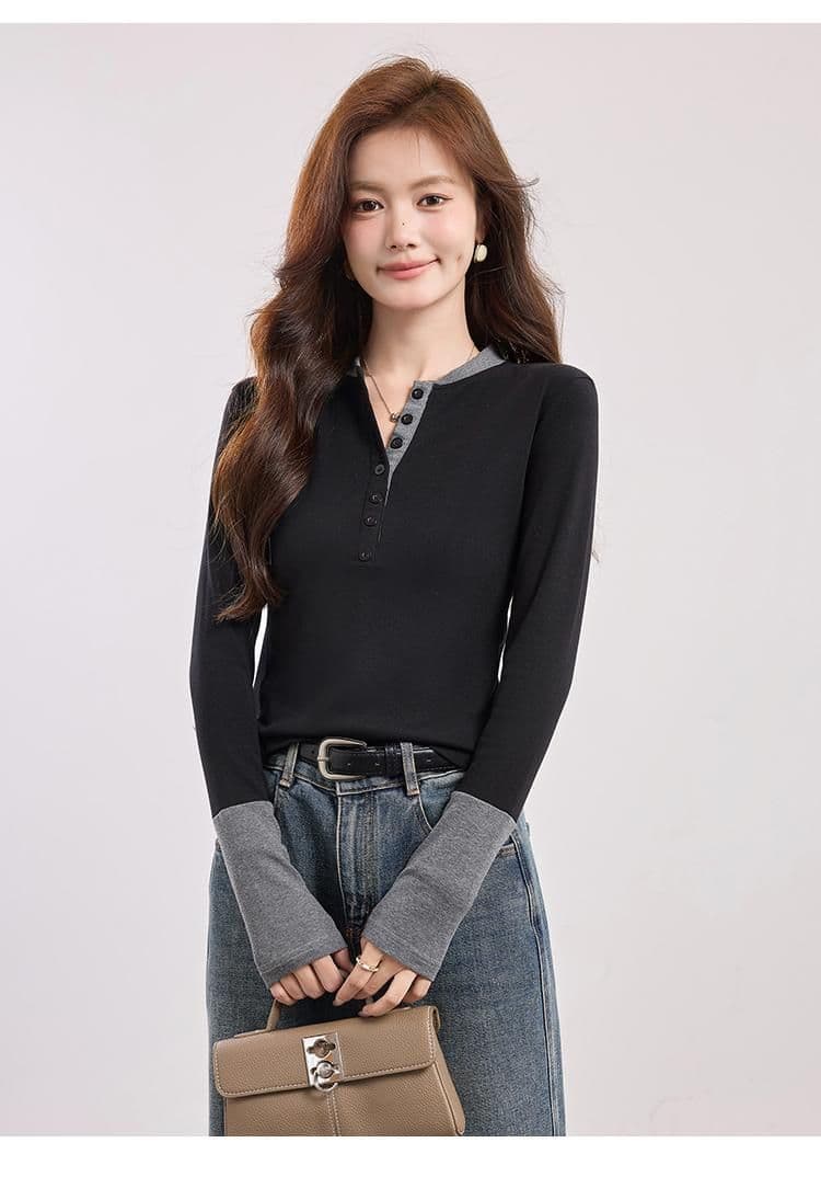 레트로 배색 긴팔 니트 스웨터 여성 봄 가을 반 개방 칼라 몸매 가꾸기 슬림해 보이는 인사이드 가져 가라. 기본 셔츠 고유 한 Chic 맨위 상세 이미지 4