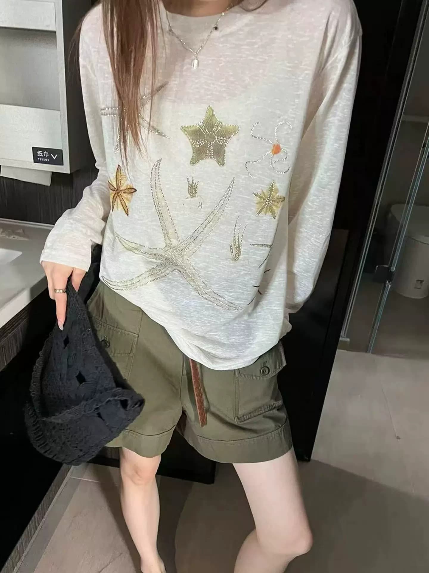 자외선 차단 의류 여성 얇은 스타일 루즈핏 무거운 작업 핫픽스 불가사리 긴팔 티셔츠 아름다운 Chic 다용도 블라우스 맨위 상세 이미지 1