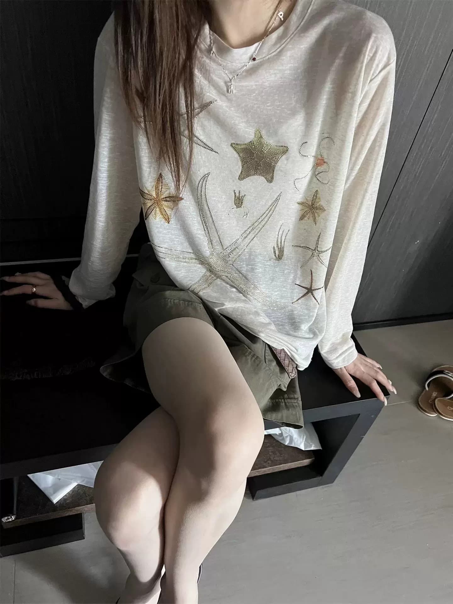 자외선 차단 의류 여성 얇은 스타일 루즈핏 무거운 작업 핫픽스 불가사리 긴팔 티셔츠 아름다운 Chic 다용도 블라우스 맨위 상세 이미지 4