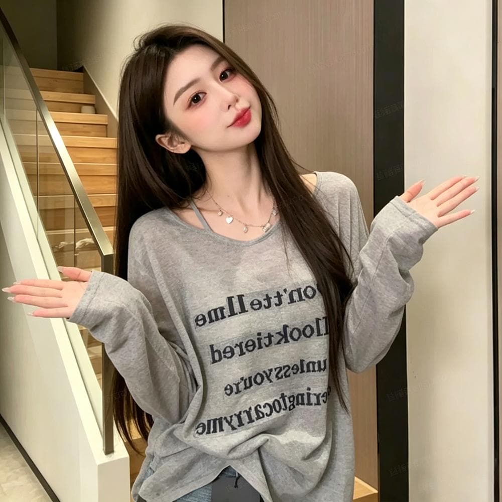새로운 순수한 욕망 바람 알파벳 프린트 긴팔 블라우스 얇은 스타일 여자 외출용 맨위 티셔츠 여성 마이크로 ~을 통해 루즈핏 상세 이미지 1