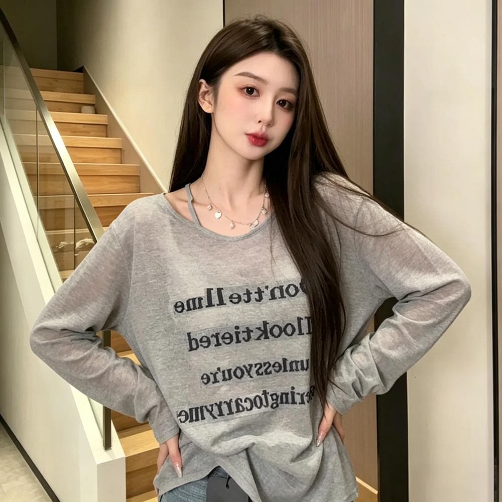 새로운 순수한 욕망 바람 알파벳 프린트 긴팔 블라우스 얇은 스타일 여자 외출용 맨위 티셔츠 여성 마이크로 ~을 통해 루즈핏 상세 이미지 2