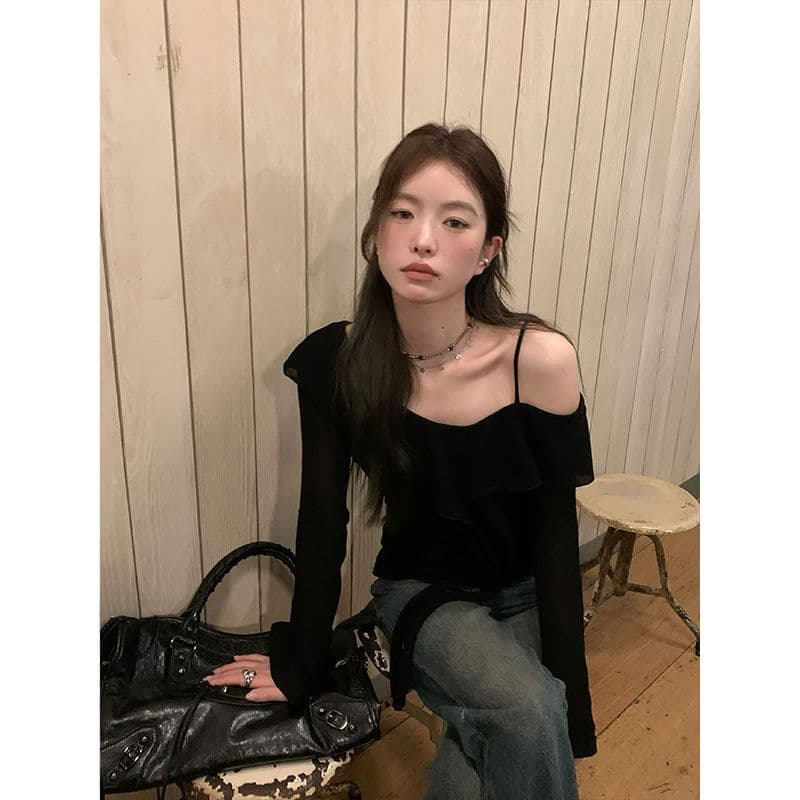 디자인 센스 프릴 오프숄더 티셔츠 여성 이른 가을 새로운 한 부서 몸매 가꾸기 슬림해 보이는 맨위 이미지 3