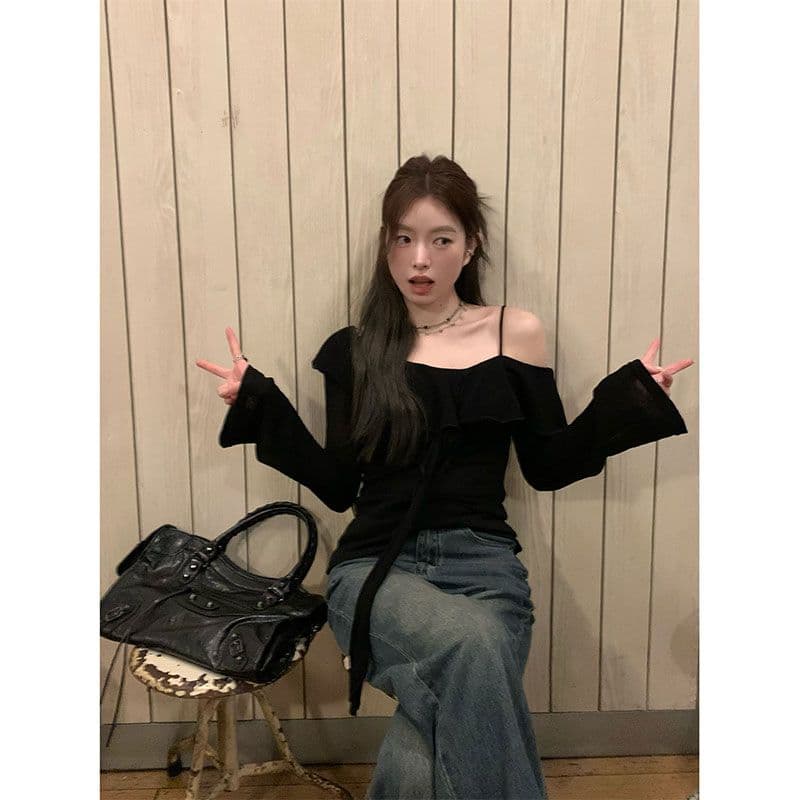 디자인 센스 프릴 오프숄더 티셔츠 여성 이른 가을 새로운 한 부서 몸매 가꾸기 슬림해 보이는 맨위 이미지 5