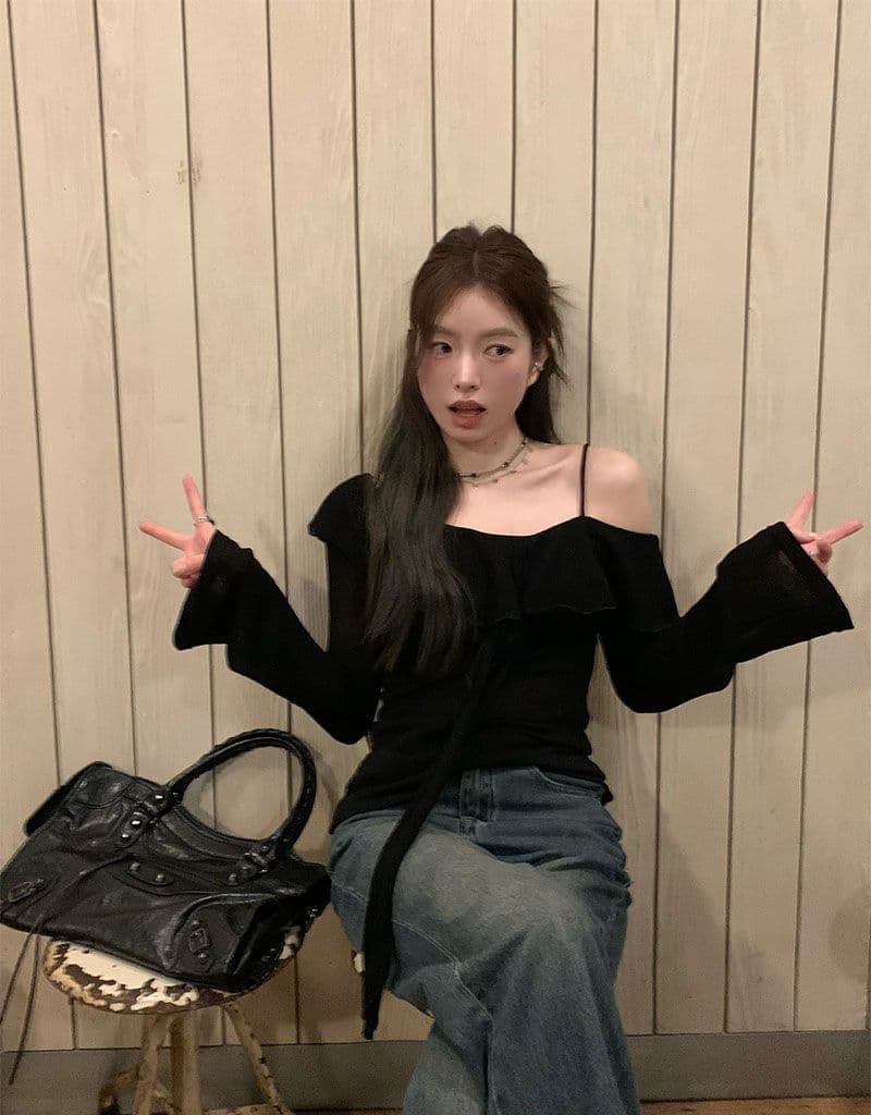 디자인 센스 프릴 오프숄더 티셔츠 여성 이른 가을 새로운 한 부서 몸매 가꾸기 슬림해 보이는 맨위 상세 이미지 2