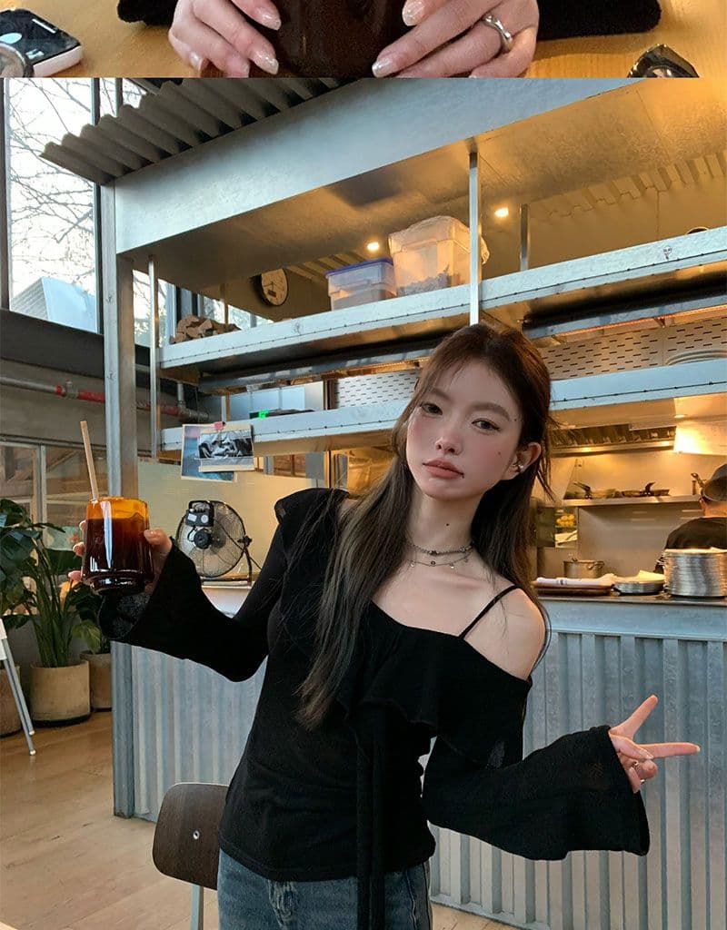 디자인 센스 프릴 오프숄더 티셔츠 여성 이른 가을 새로운 한 부서 몸매 가꾸기 슬림해 보이는 맨위 상세 이미지 4