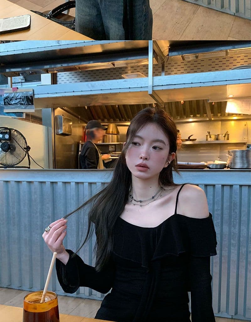 디자인 센스 프릴 오프숄더 티셔츠 여성 이른 가을 새로운 한 부서 몸매 가꾸기 슬림해 보이는 맨위 상세 이미지 5