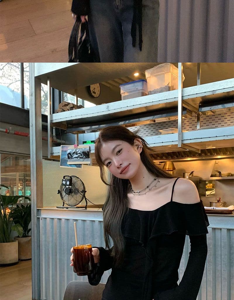 디자인 센스 프릴 오프숄더 티셔츠 여성 이른 가을 새로운 한 부서 몸매 가꾸기 슬림해 보이는 맨위 상세 이미지 7