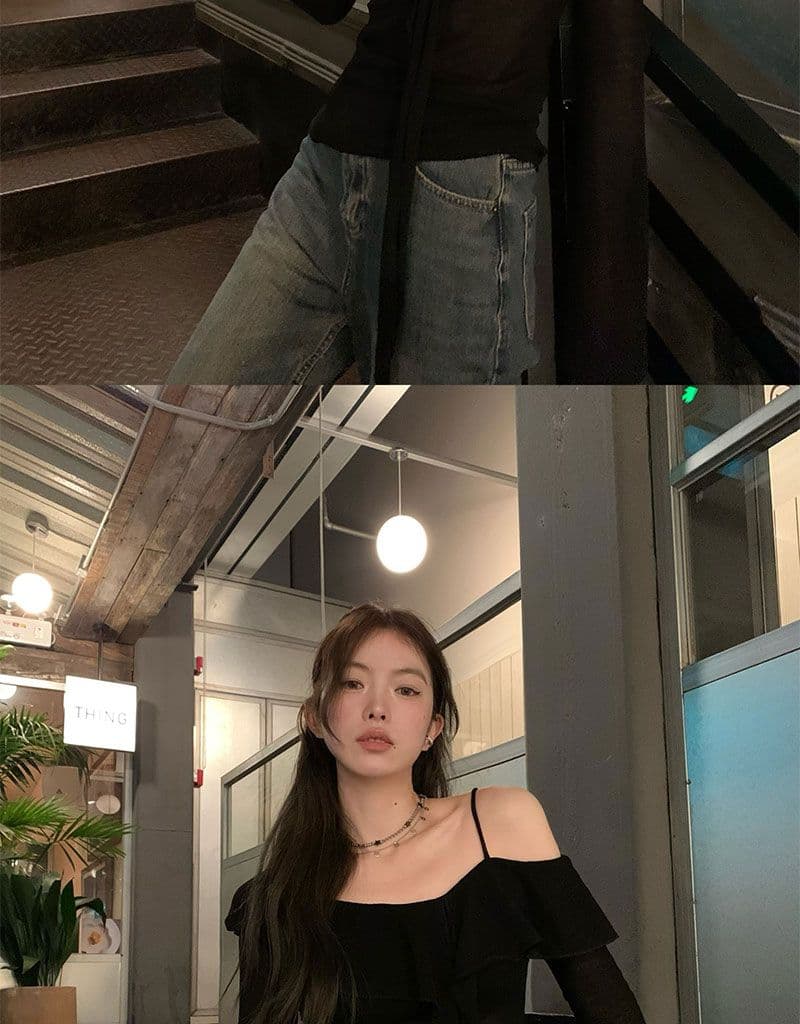디자인 센스 프릴 오프숄더 티셔츠 여성 이른 가을 새로운 한 부서 몸매 가꾸기 슬림해 보이는 맨위 상세 이미지 11