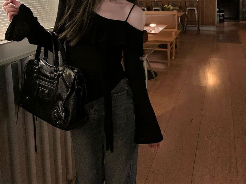 디자인 센스 프릴 오프숄더 티셔츠 여성 이른 가을 새로운 한 부서 몸매 가꾸기 슬림해 보이는 맨위 상세 이미지 16