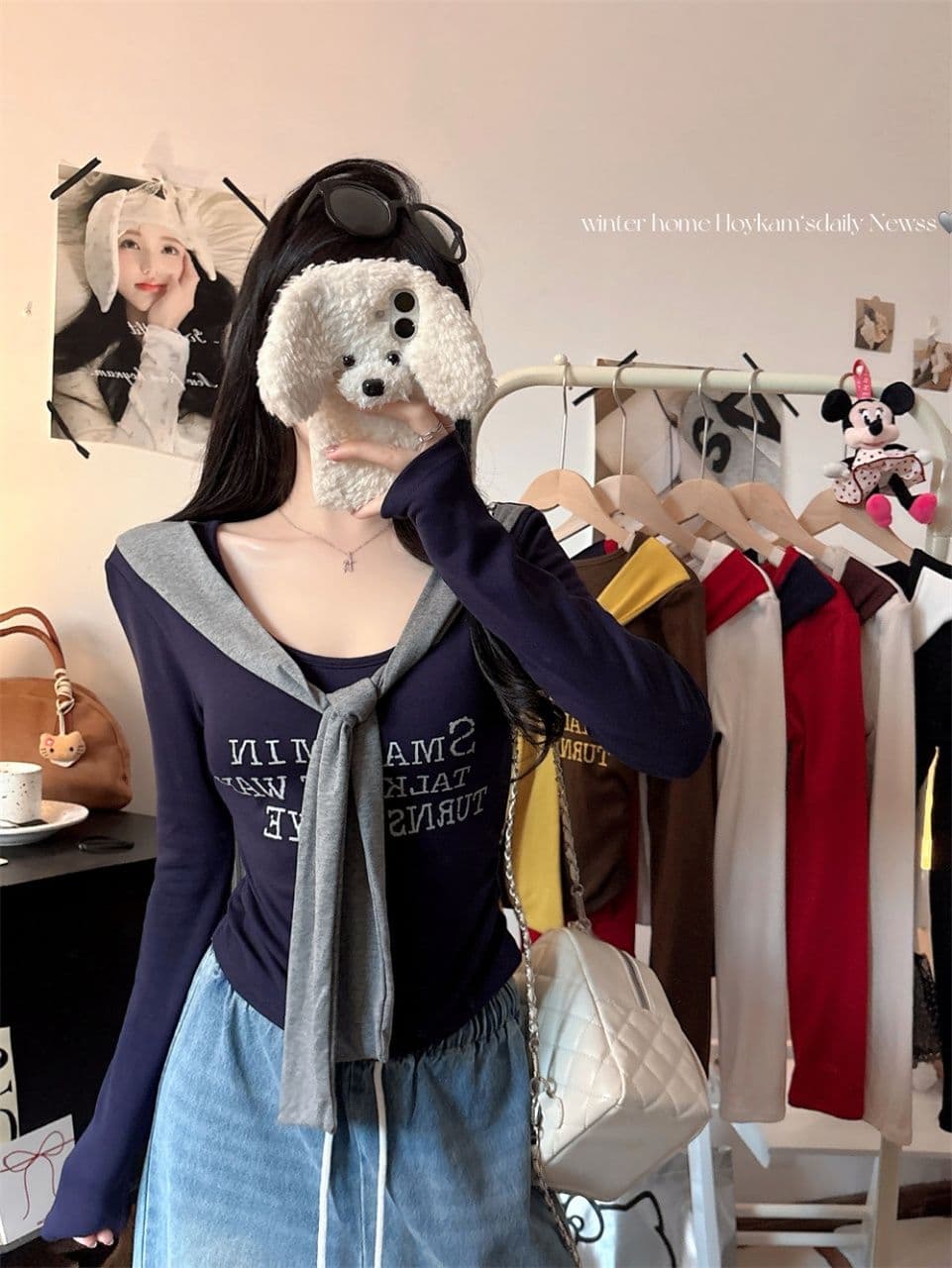 벨트 가슴 패드 페이크 레이어드 배색 알파벳 프린트 숄 긴팔 티셔츠 여성 몸매 가꾸기 허리 수축 인사이드 잡아라. 의류