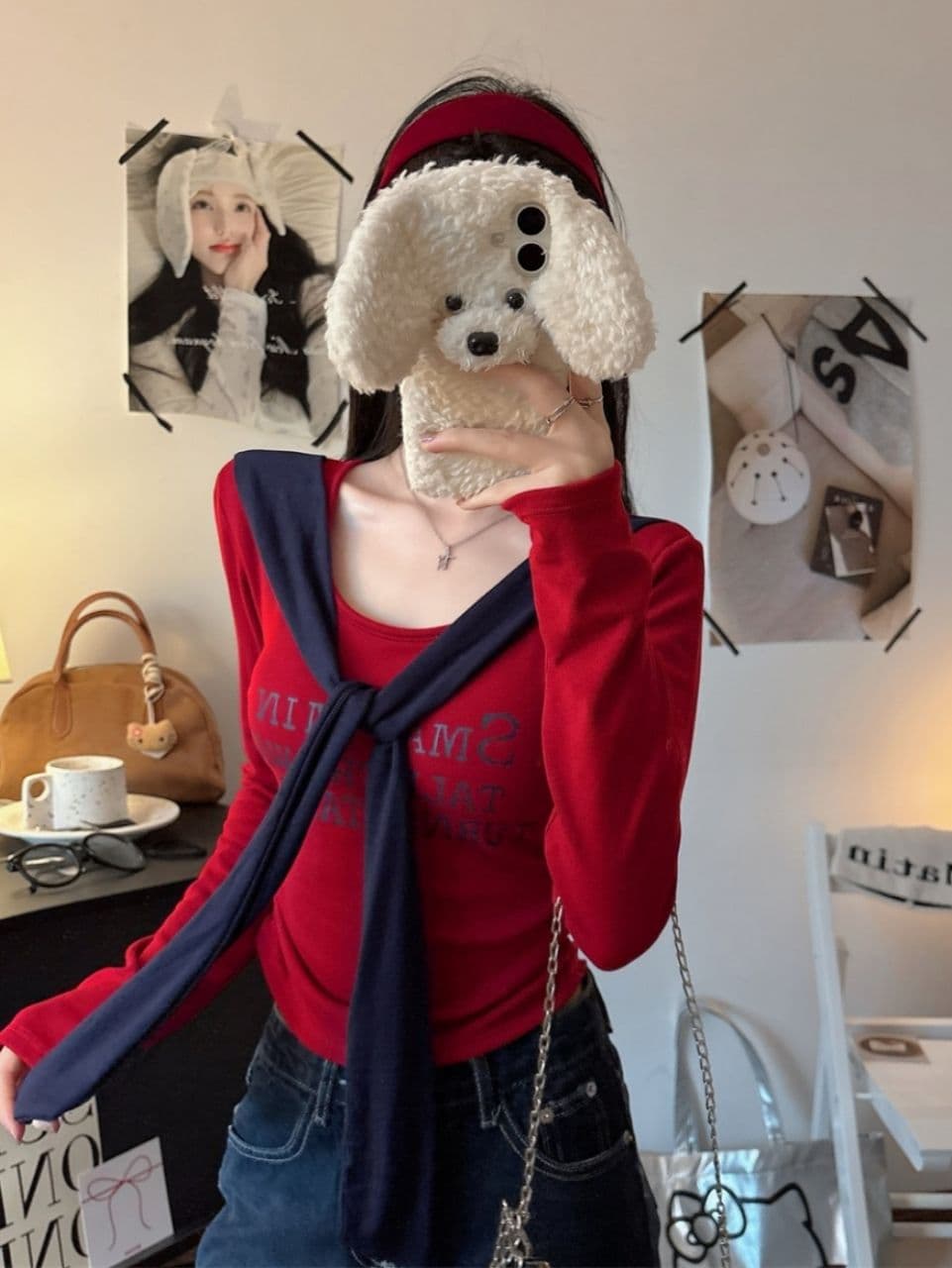 벨트 가슴 패드 페이크 레이어드 배색 알파벳 프린트 숄 긴팔 티셔츠 여성 몸매 가꾸기 허리 수축 인사이드 잡아라. 의류 이미지 2