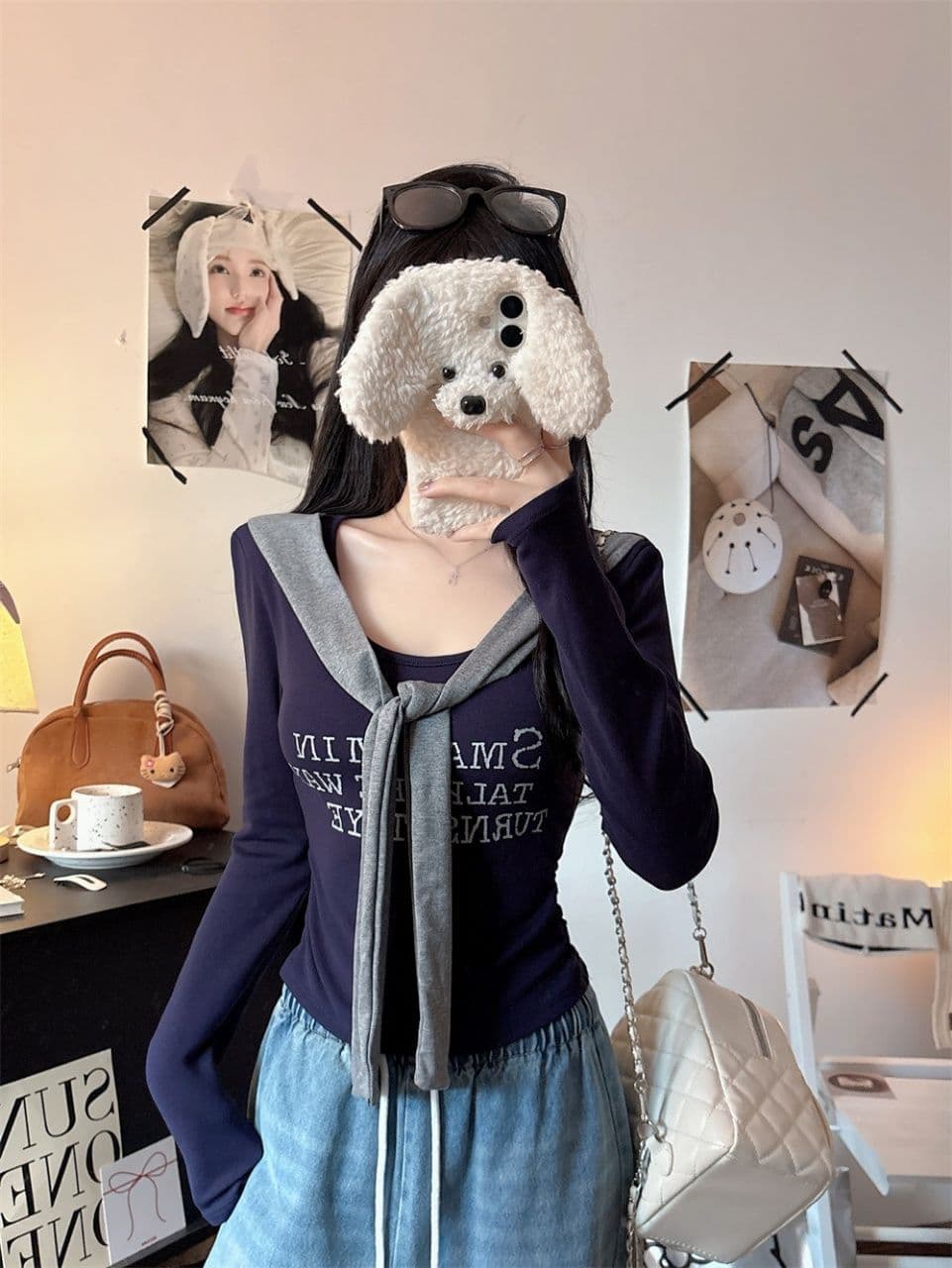 벨트 가슴 패드 페이크 레이어드 배색 알파벳 프린트 숄 긴팔 티셔츠 여성 몸매 가꾸기 허리 수축 인사이드 잡아라. 의류 상세 이미지 7
